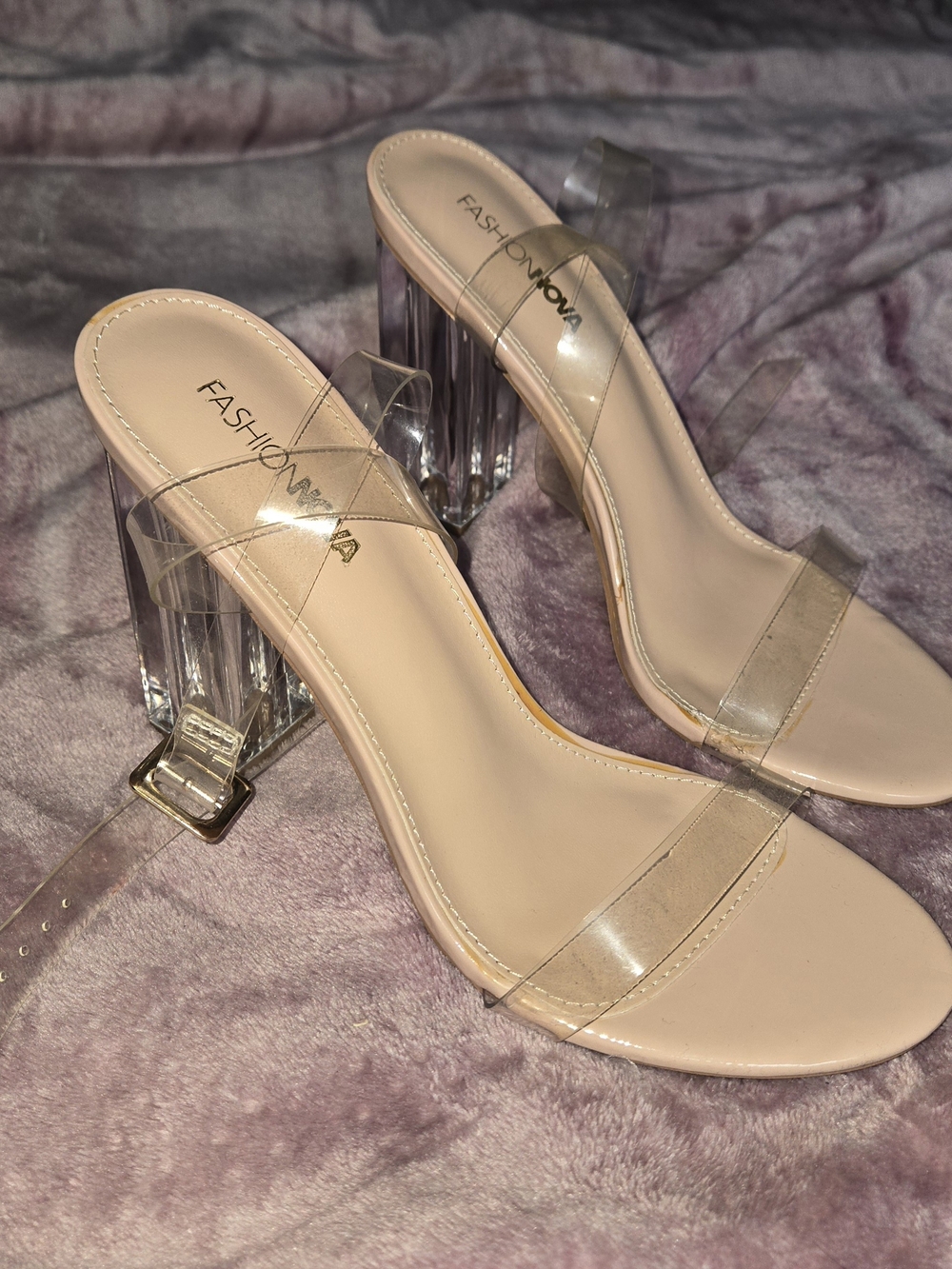 Fashion Nova Clear Strap Nude Block Heel Sandals with Acrylic Heel